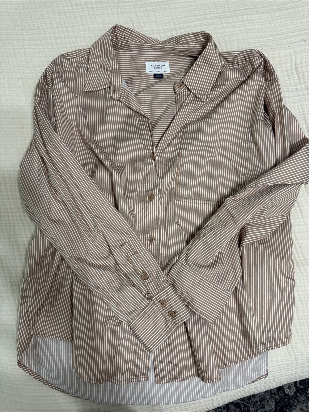 American Eagle Outfitters Beige and White Striped Button-Down Shirt